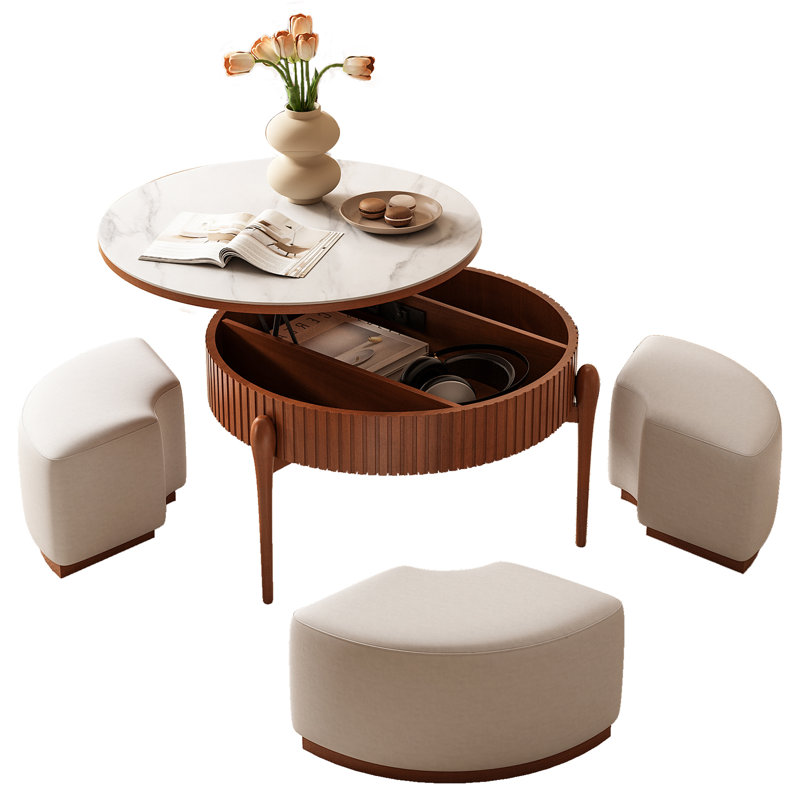 Ensemble de tables basses 31,5 ", plateau de rangement Mid-Century en bois massif avec 3 tabourets en tissu rembourrés pour le salon