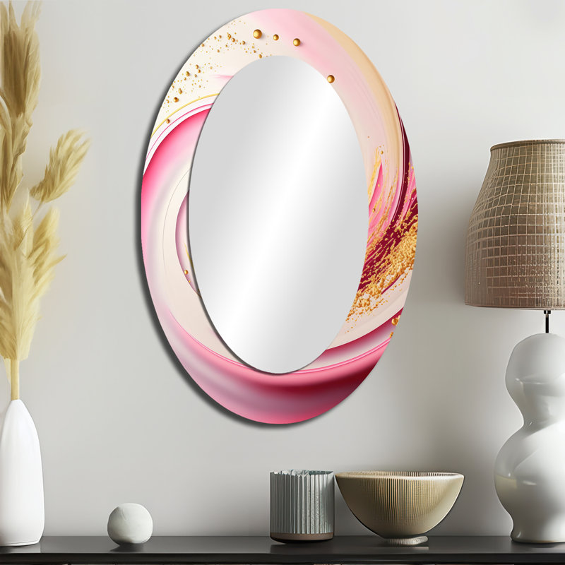Rose et or abstrait cercles I - décor de miroir mural ovale rose, 36 po x 24 po