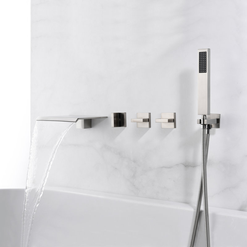 SUMERAIN S2129XW-2140-2150 Triple Handle Wall Mounted Roman Tub Faucet with Handheld Shower, Waterfall Bathtub Filler Faucet