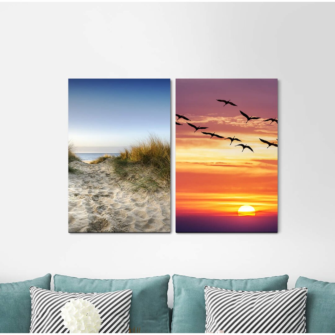 2-tlg. Leinwandbilder-Set - Fotografie „Sandy Beach Sea Dunes Flying Birds Sunset Red Sky Restful”