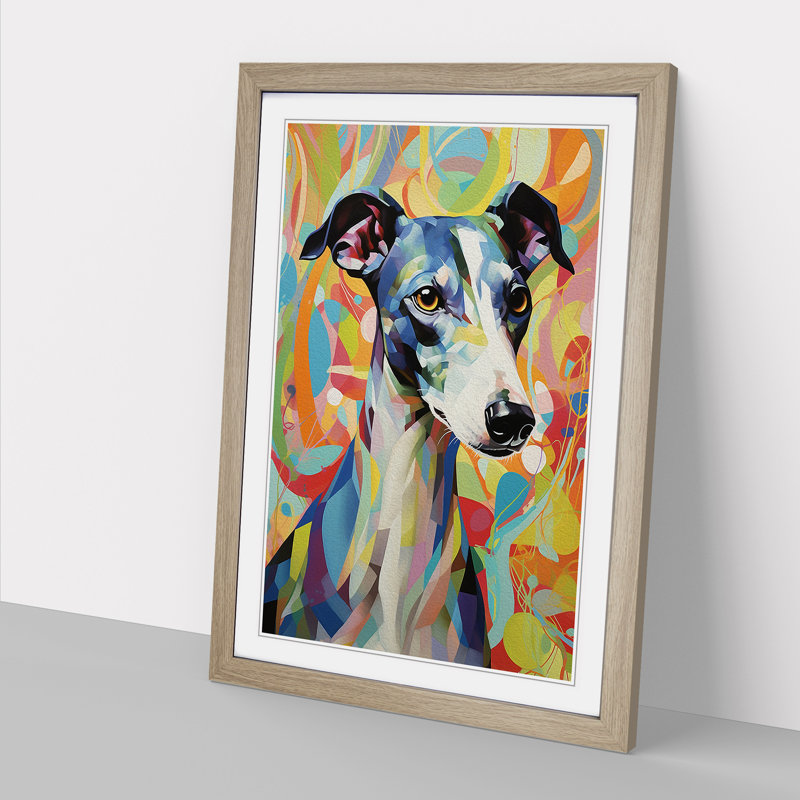 Whippet Hard Edge Painting - Framed Print, Oak , 64cm H x 46cm W x 2cm D