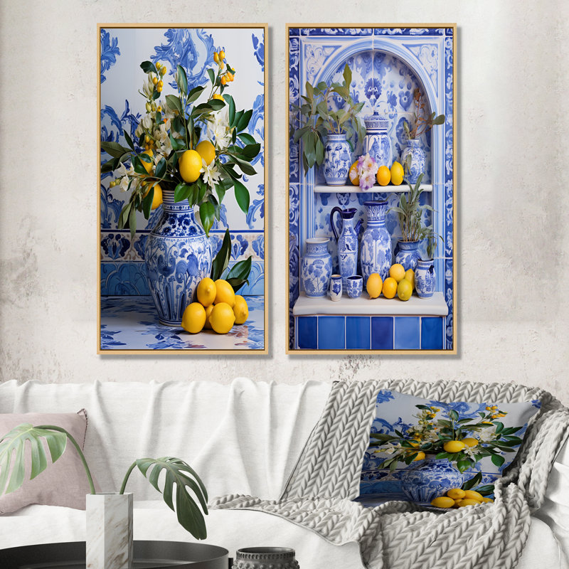 «Greek Tiles Still Life Kitchen II - Boho Pottery», ensemble de 2 reproductions d'art sur toile, Cadre flottant brun
