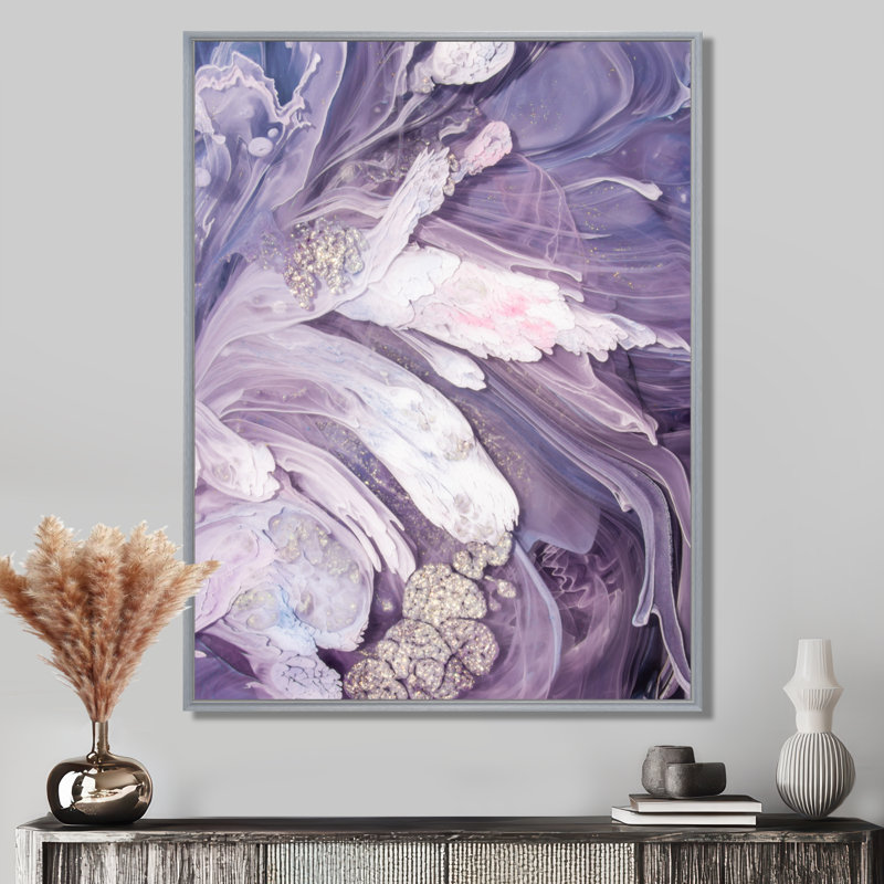 Mauve liquide Art Ripples - art mural moderne sur toile, H 32 po x l 24 po, Reproduction avec cadre flottant, Argent argent