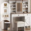 Coiffeuse de style avec tablettes spacieuses, lumières et séchoir à cheveux, bureau, miroir coulissant et rangement