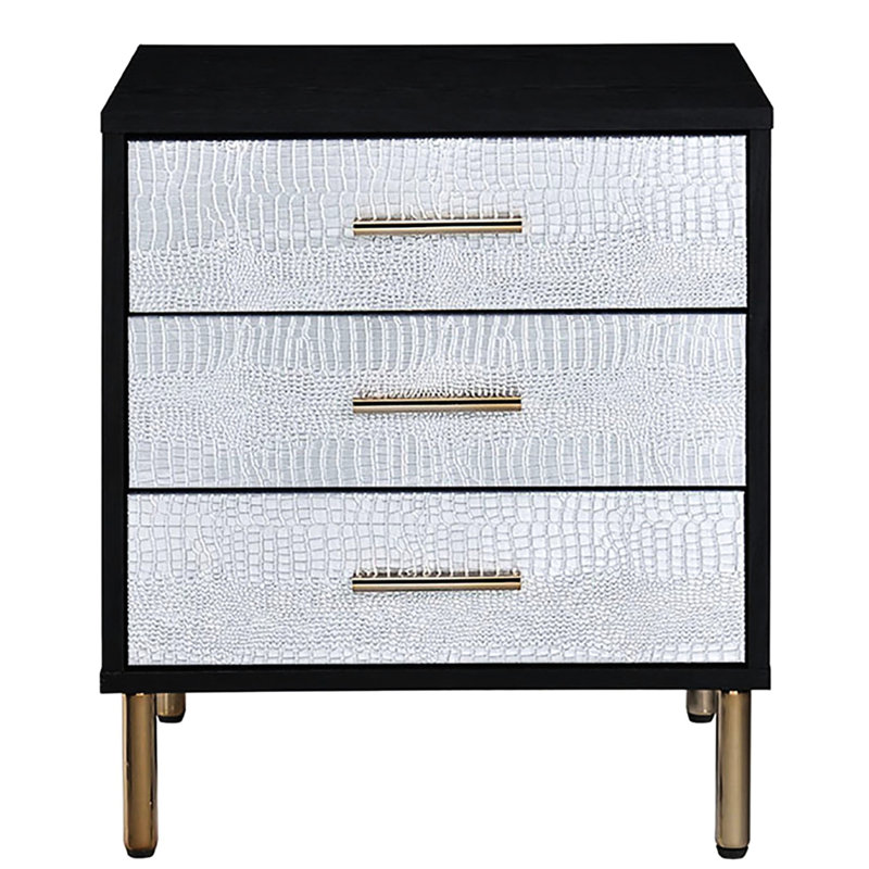 3 tables de chevet avec pieds en métal - noir, argent, lignes décoratives dorées et argentées