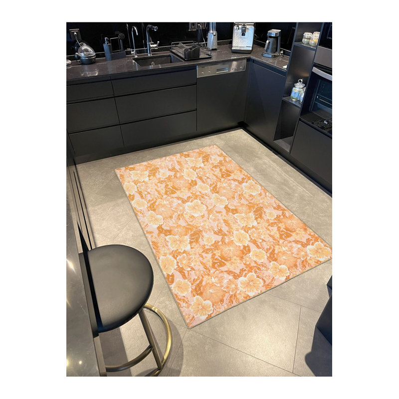Tapis orange lavable décoratif floral moderne orange, Sous-tapis carré 3 pi 3 po inclus