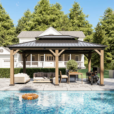 Jolydale 12x16ft. Wood Gazebo, Hardtop Gazebo With Galvanized Steel Double Roof, Suitable For Patios, Lawn And Backyard
