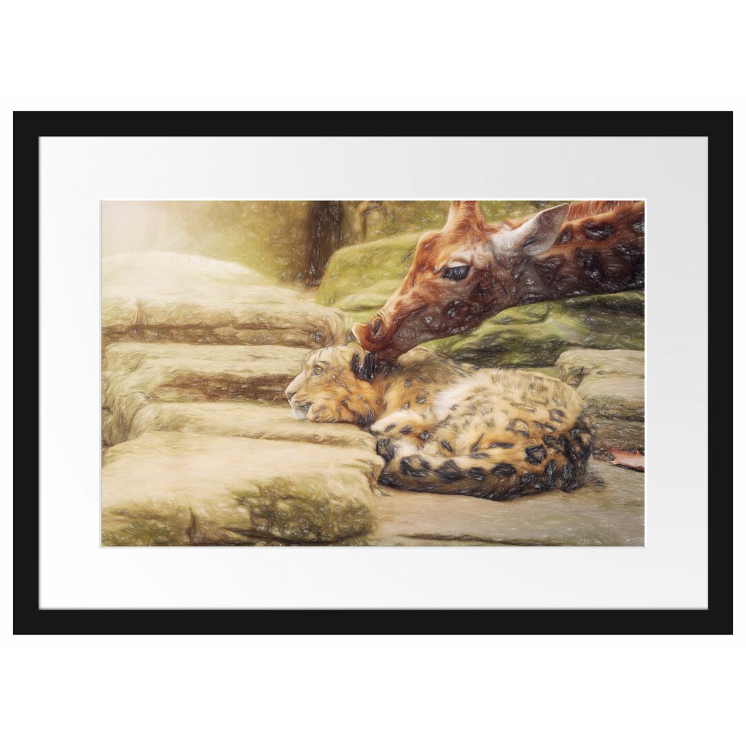 Gerahmtes Poster Leopard und Giraffe