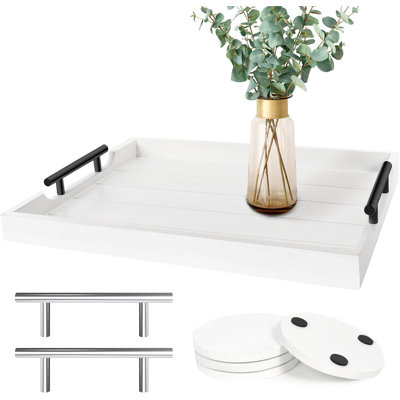 Coffee Table Tray, Large Ottoman Tray For Living Room, Wood Serving Tray With Handles,2 Sets, Wooden Tray For Coffee Table, 4 Round Coasters Included