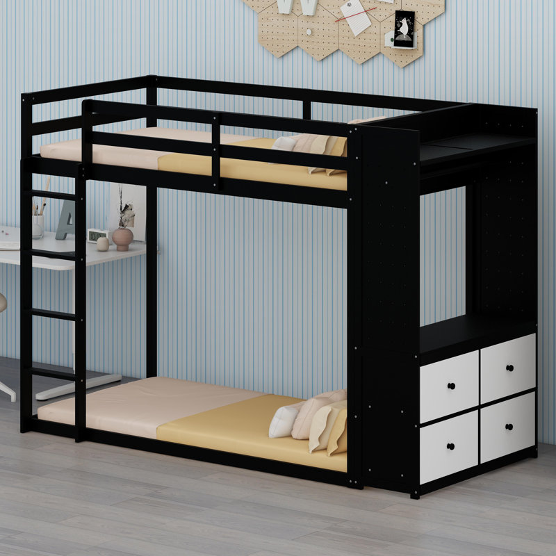 Multi-Functional Bunk Bed Featuring Built-In Shelves, Pegboards, Drawer Storage, And Ambient Lighting, Black