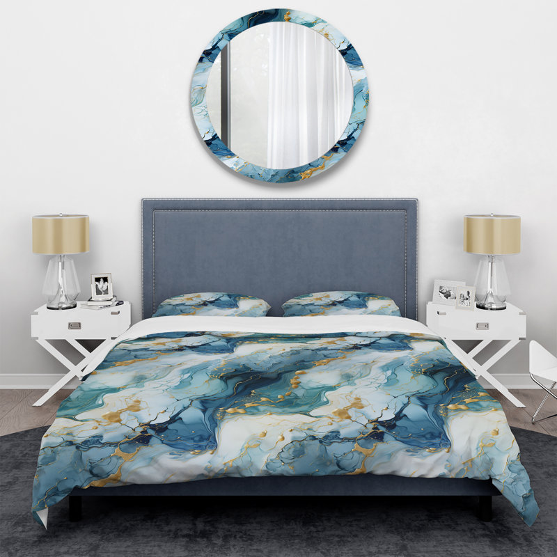 Ensemble de housse de couette en marbre bleu blanc et océanique Allure, Housse de couette simple + 1 taie décorative stan