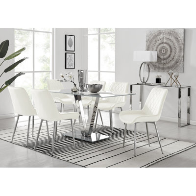 Ransart Modern Luxury Glass & Metal Dining Table Set With 6 Luxury Velvet Dining Chairs