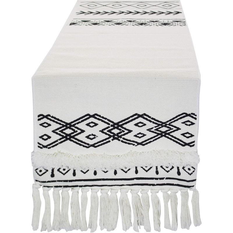White And Black Modern Boho Woven Fringe Tassel Cotton Blend Table Runner 14" W X 71" L