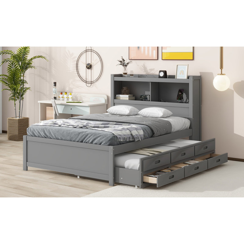 Lit plateforme double avec lit gigogne, tiroirs et prises USB, gris