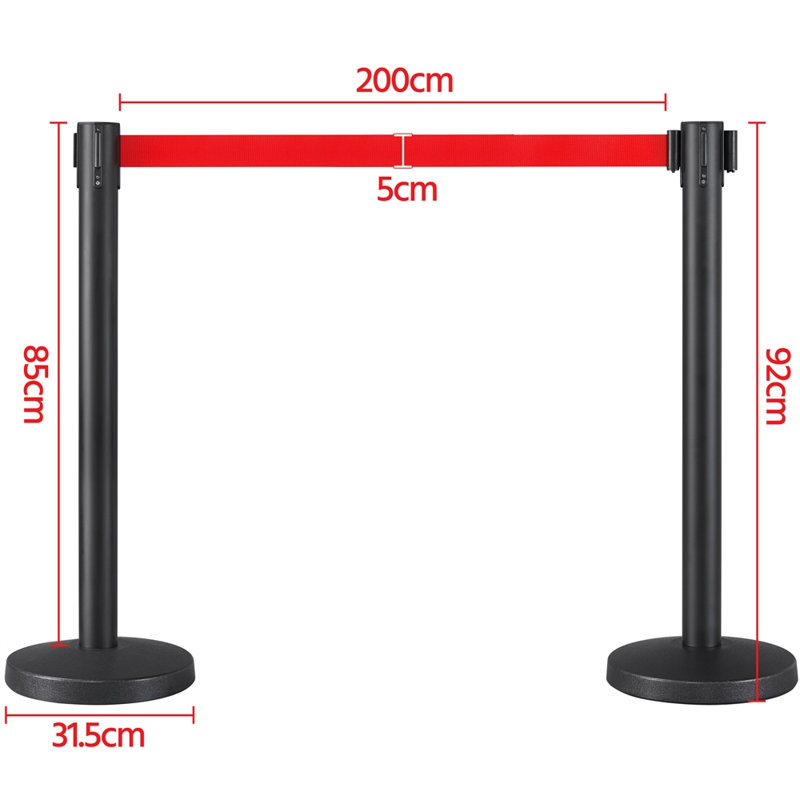 92cm H x 200cm W Black Metal Stanchion, Red