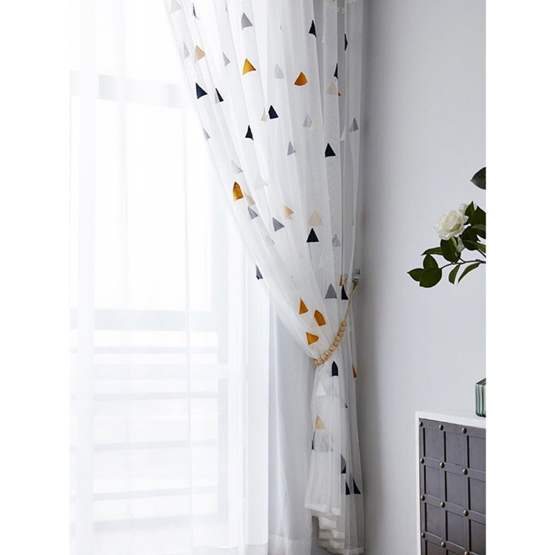 Modern Geometric Triangle Embroidered Sheer Curtain, Rod Pocket Light Filtering White Voile Drape for Windows, 79