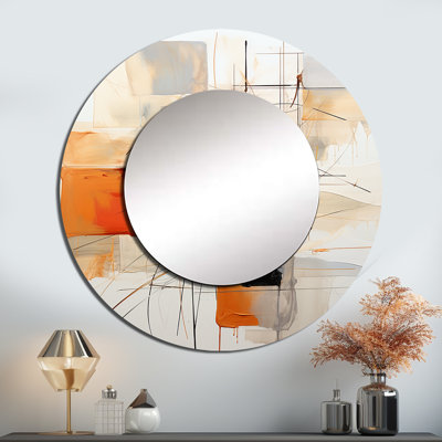 Orange Grey Line Art Abstract Expressionism - Line Art Decorative Mirror, Orange Round Wall Mirror, Printed Metal Art