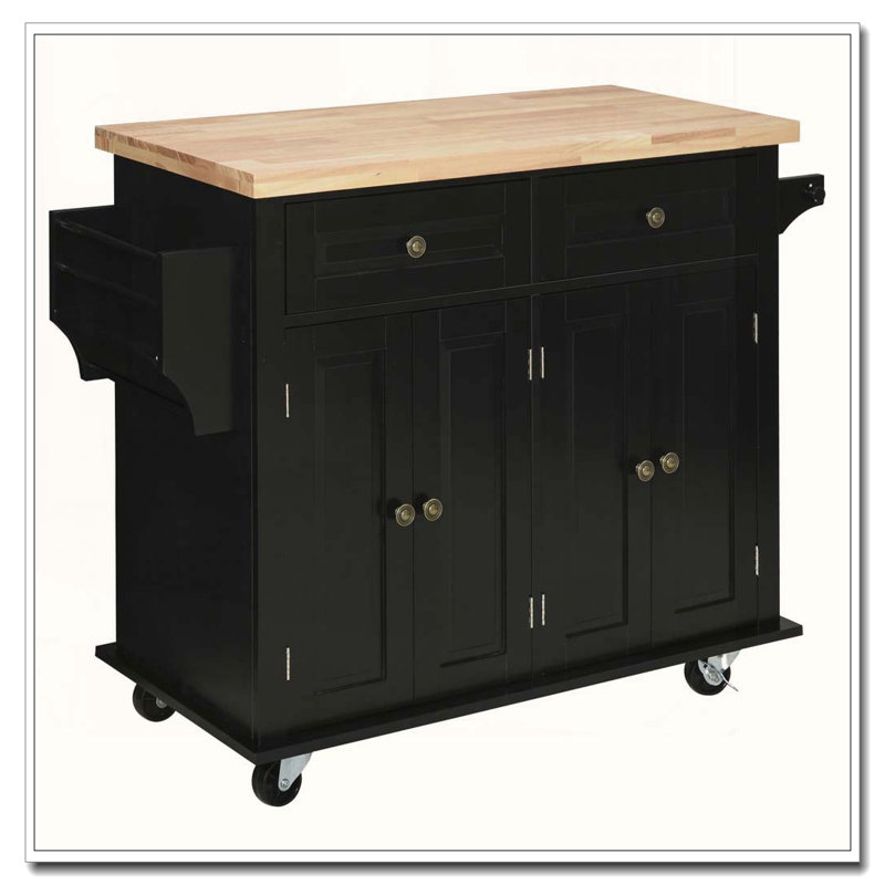 Kitchen Island on Wheels with Rubberwood Top, Black