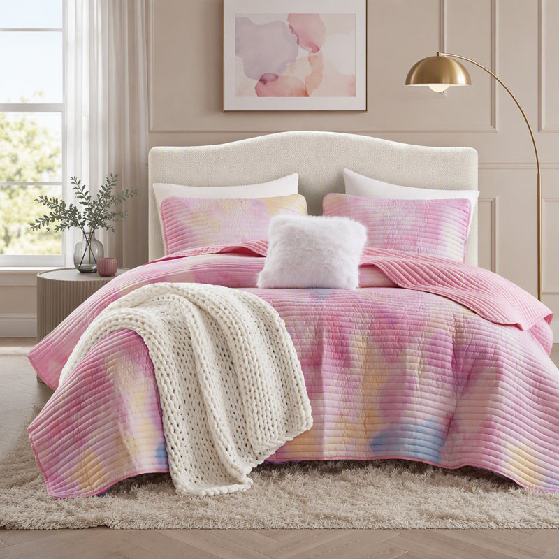 Ensemble de courtepointe imprimé tie-dye aquarelle 4 pièces pour lit double/queen avec coussin décoratif