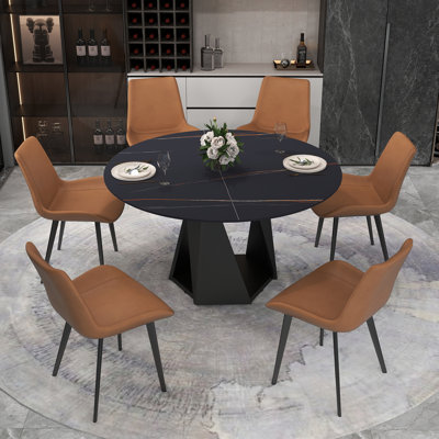 Ensemble de table de salle à manger en pierre frittée 7 pièces avec chaises en similicuir