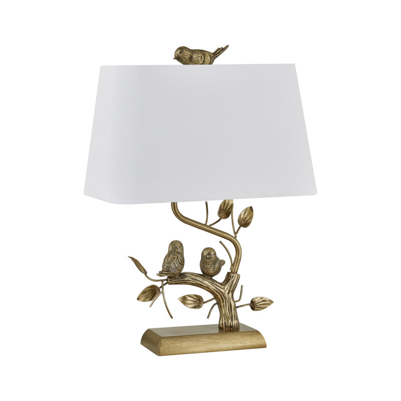 22" Gold Resin Table Lamp With Birds And Rectangle Linen Shade, White, Gold