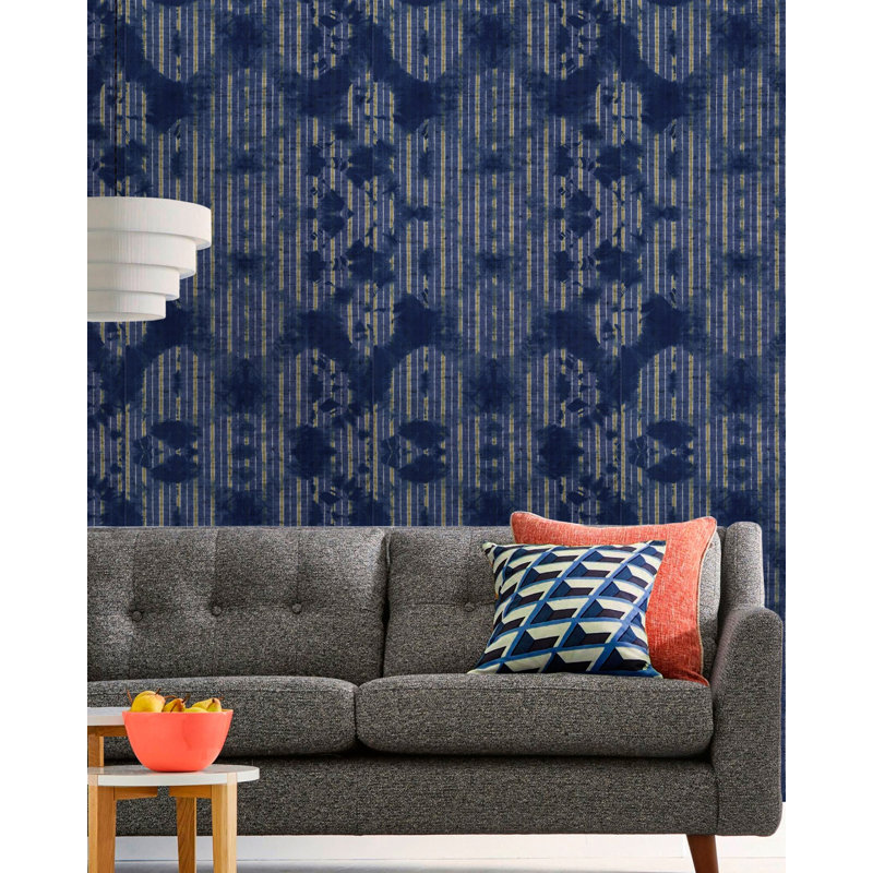 World Of Fabrics Striped Wallpaper Roll, Indigo Blue/Gold