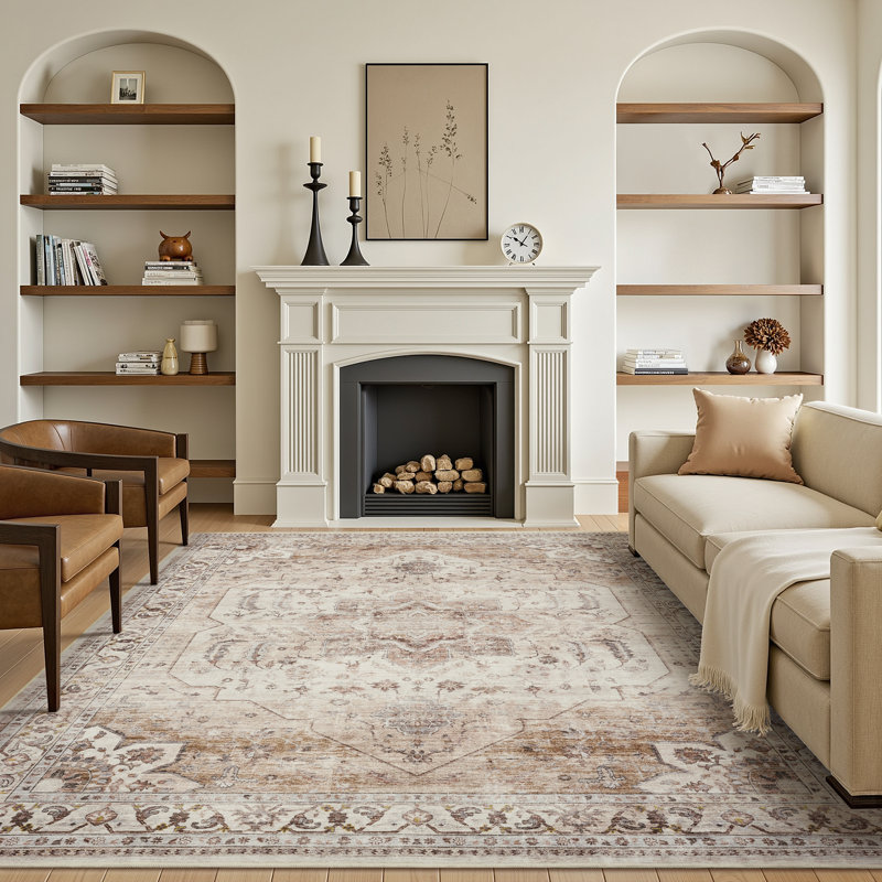 Soft Oriental Vintage Washable Distressed Area Rug - Beige, Rectangle 6' x 9'