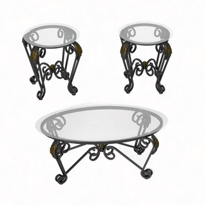 Tempered Glass Surface Coffee Table Set Of 3, Decor Elliptical Coffee Table With Round End Side Tables, Bedroom Coffee Table With Sturdy Construction For Living Room