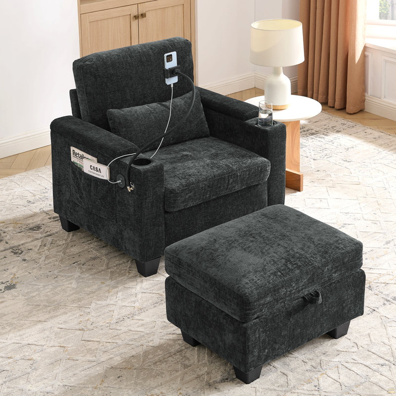 Canapé inclinable simple avec dossier réglable manuellement, port de charge USB, Noir