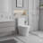 Elongated one-piece toilet in white.