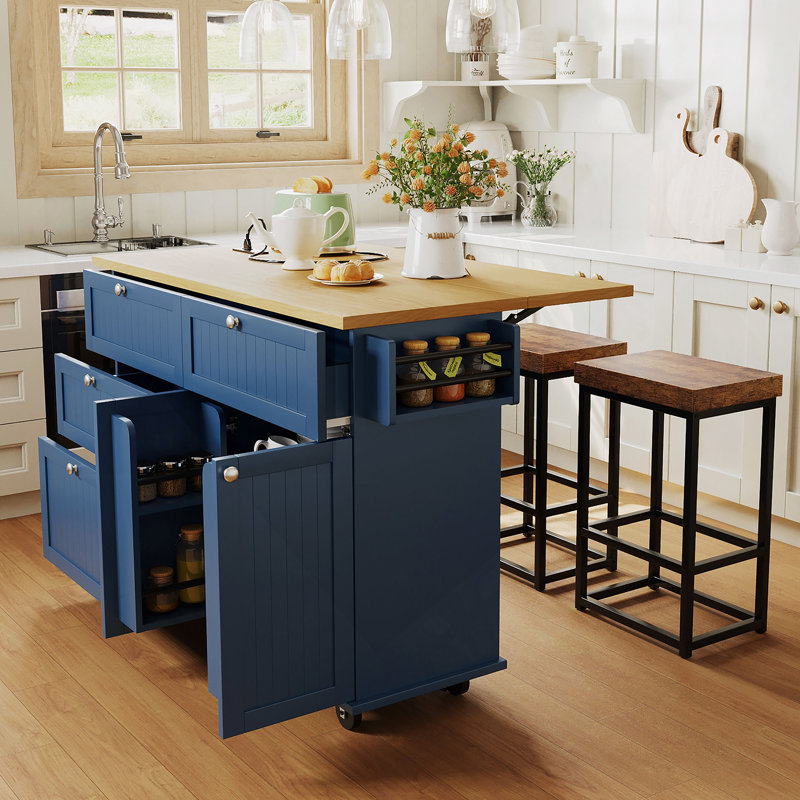 Farmhouse Kitchen Island with Drop Leaf and 2 Seatings, Kitchen Table Set with Storage Cabinet, Drawers, Door Shelves and Power Outlet