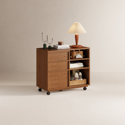Modern Wooden Rolling Storage Cabinet with Drawers Open Shelves and Locking Casters