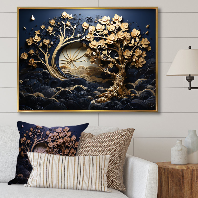 Ambiance côtière dorée et bleue II - arbre, art mural, Cadre flottant doré, H 16 po x l 32 po x P 1 po