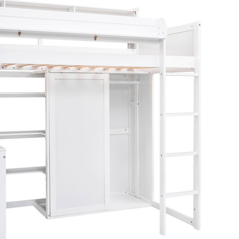 Lit mezzanine simple en bois avec 2 tablettes et garde-robe, Blanc