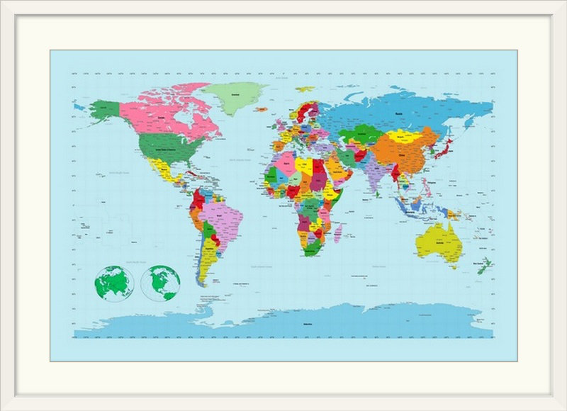 « Francy Traditional World Map » par Michael Tompsett, impression d'art graphique, H 20 po x l 26 po x P 1 po, Cadre blanc