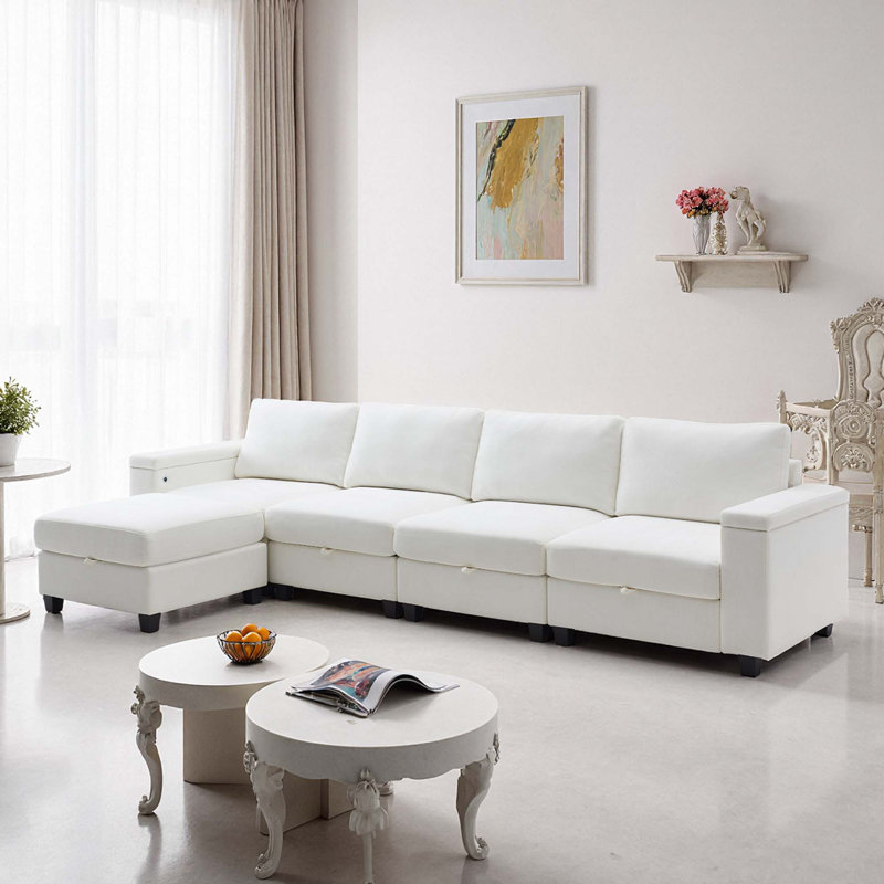 Canapé de rangement modulaire de 131 po avec repose-pieds - ports USB / Type-C, tissu chenille, fonction de canapé-lit et assemblage facile