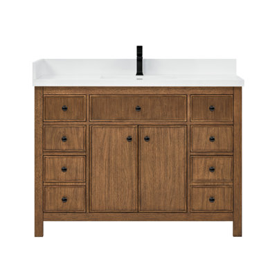 Meuble-lavabo simple 48 po Rian en noyer grillé, comptoir en quartz blanc, lavabo carré encastré (1 trou), garniture noir mat