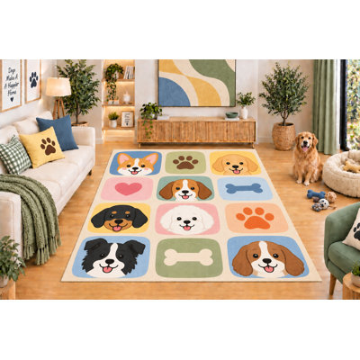 Tapis ultra fin 152 x 213 cm (5 pi x 7 pi) couleur crème, motif de courtepointe pour chiots, adorables têtes de chiens, empreintes de pattes, cœurs et os, idéal pour le salon ou la chambre de votre animal de compagnie. Dos en silicone antidérapant. Poils courts.