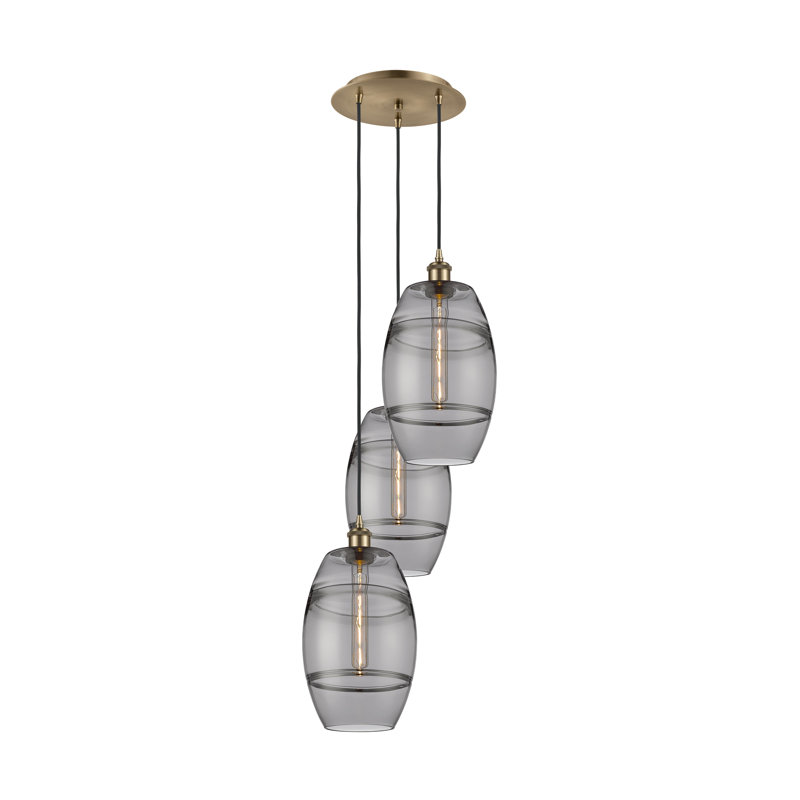 Luminaire suspendu rond / ovale 3 lumières Dundrod, H 30,38 po x l 14,5 po x P 14,5 po, Gris fumée clair, Laiton antique