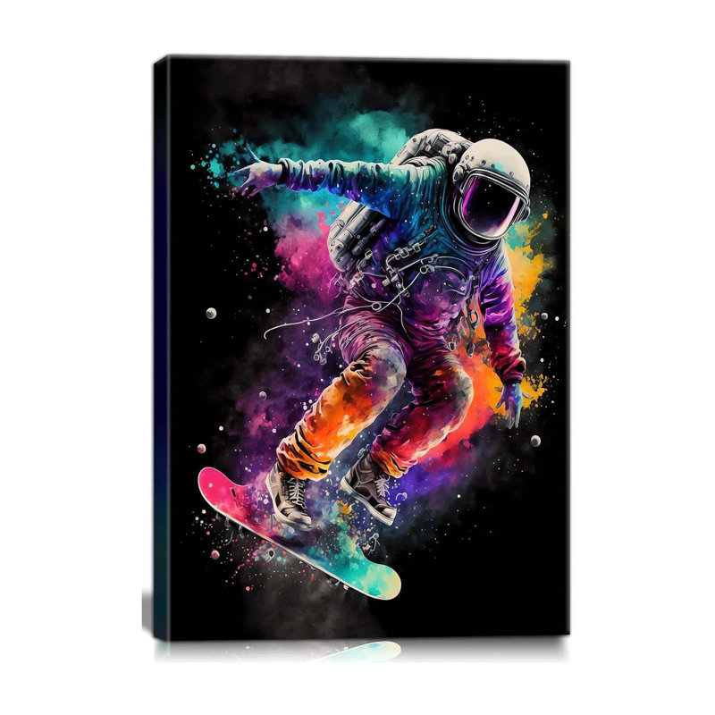 Framed Astronaut Wall Art Space Pop Culture Graffiti Street Art Painting Pictures Wall Decor Canvas Prints Modern Gifts For Artwork Space Boys Room Home Decor For Bedroom Living Room Office 16X24in