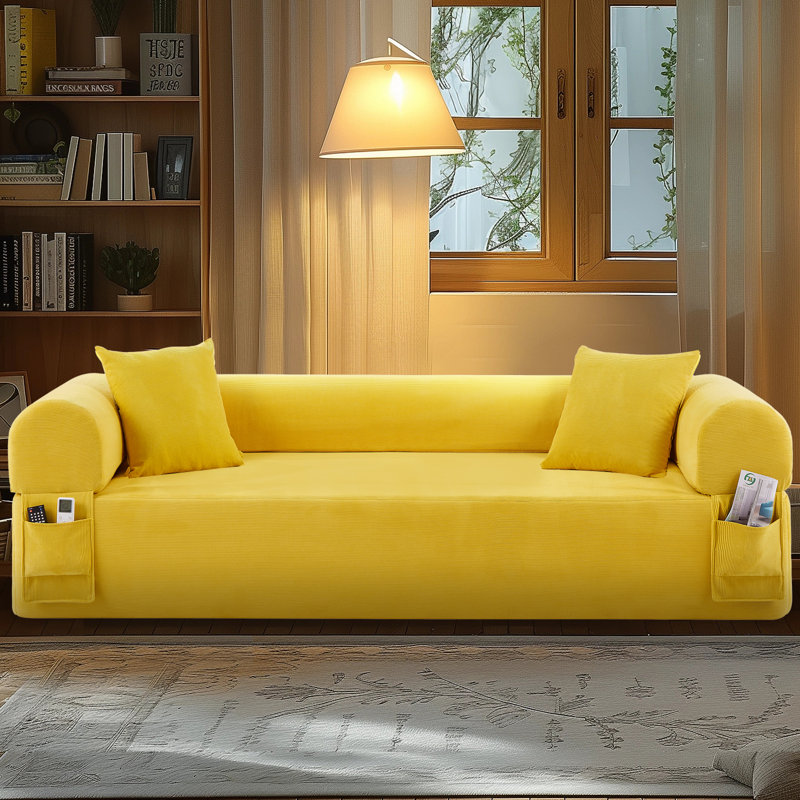 Floor Couch - 3 Seats Compression Sofa with Pillows Hybrid Sofa Pocketed Spring, Yellow
