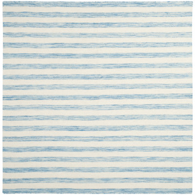 Emek Hand Woven Flat Weave Wool/Cotton Striped Rug in Aqua/Ivory