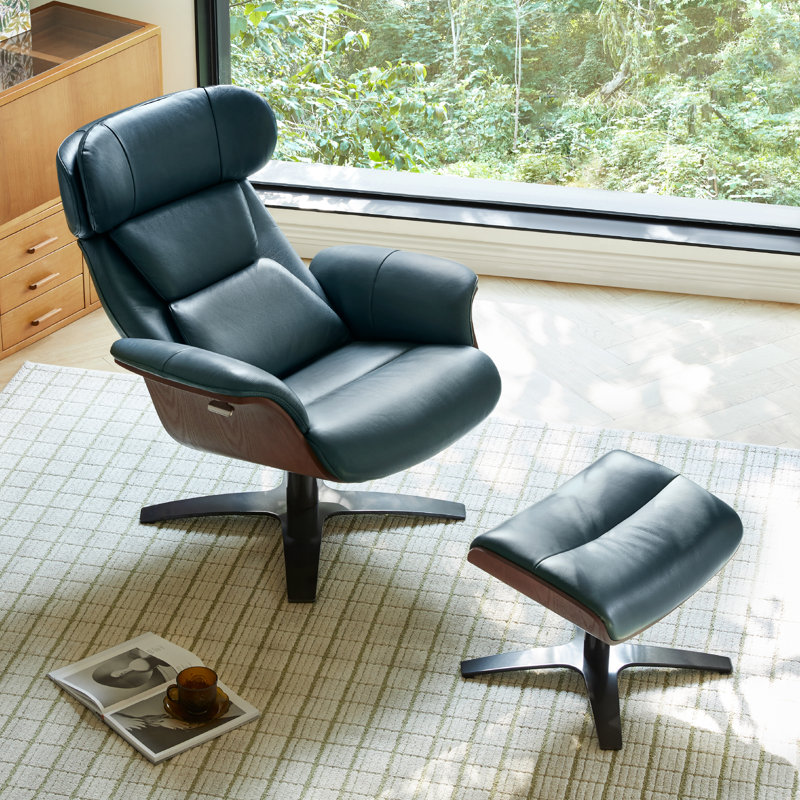 Genuine Leather Reclining Swivel Chair And Ottoman, Teal