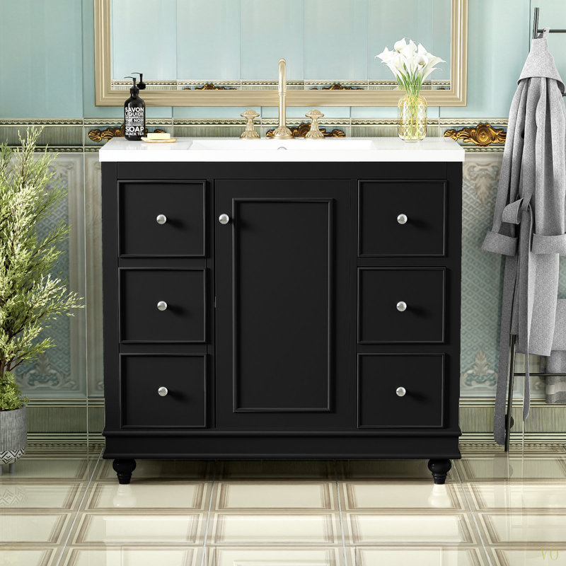 Meuble-lavabo contemporain de 36 po x 18 po x 34 po, 4 tiroirs, 1 porte d'armoire, rangement polyvalent, lavabo intégré en résine, tablettes réglables, cadre en bois massif avec panneau de fibres à densité moyenne