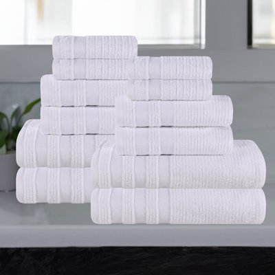 Ensemble de 12 serviettes de bain en coton côtelé zéro torsion avec bordure géométrique
