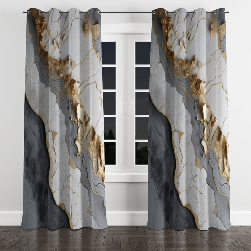 Minimalism White Gold Potteries - Spirals Grommet Curtain - Velvet Room Darkening - 1 Panel, 52" W x 63" L, Silver Grommets
