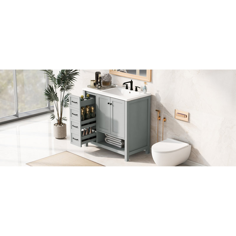 Meuble-lavabo de 36 po avec comptoir d'évier, meuble-lavabo avec deux portes et deux tiroirs, bois massif, tablette ouverte, panneaux de fibres à densité moyenne, ensemble de deux