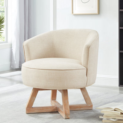 Fauteuil pivotant beige de style classique avec revêtement en lin, pieds massifs et garnitures en bois, rembourrage en mousse