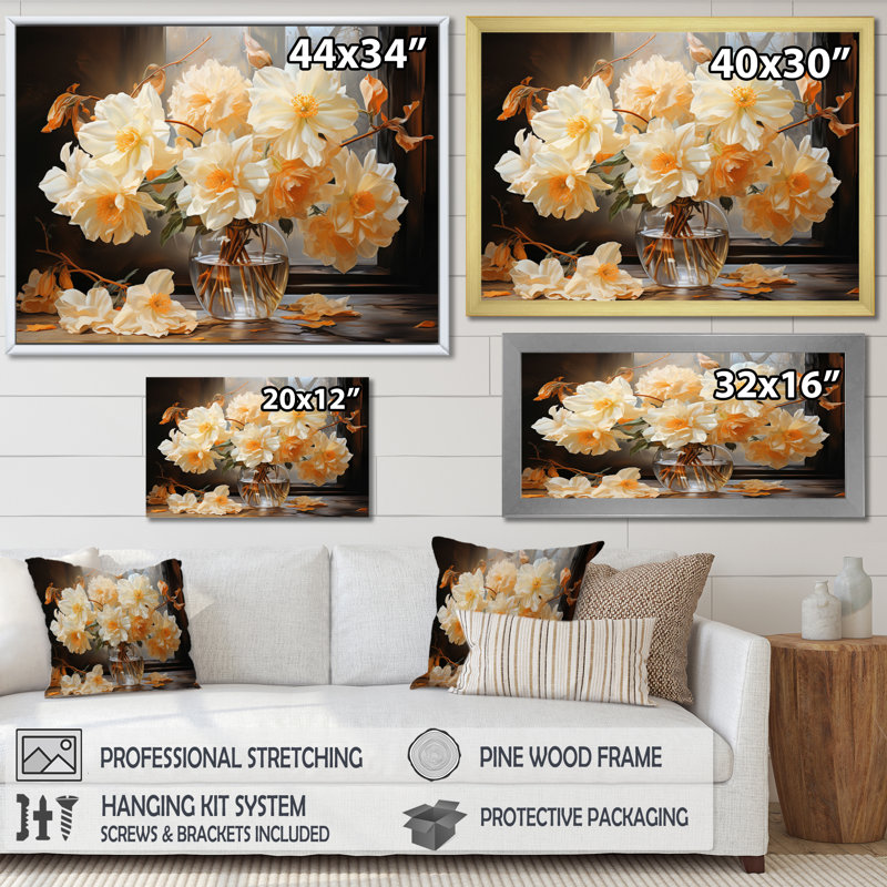 " White Affodils Romantic Impression II ", Natural Floater Framed, 16" H x 32" W x 1" D