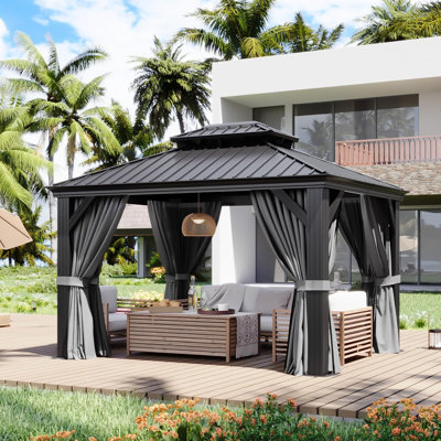 Aoxun 10' X 12' Hardtop Gazebo with Drainage System, Aluminum Outdoor Gazebo with Galvanized Steel Double Roof, Patio Permanent Metal Pavilion with Netting, for Garden, Deck, Grey